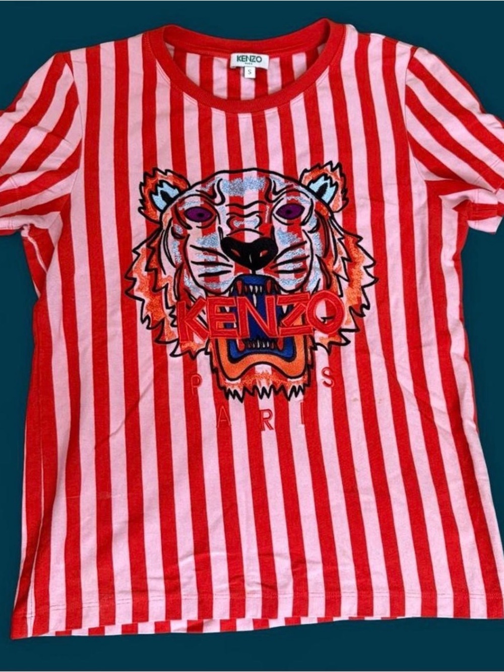 Kenzo Red & White Striped Tiger Patch Tee